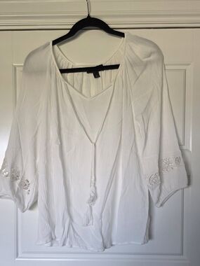 White Boho Tie-Front Peasant Blouse - Women Size Large
